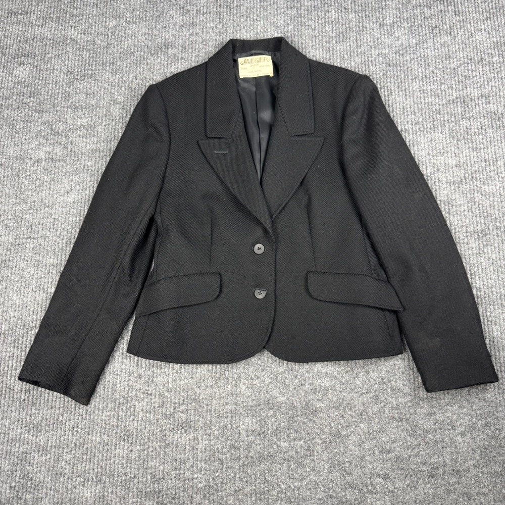 Vtg Jaeger Blazer Womens 12 Black Wool Made In Great Britain Career Tailored
